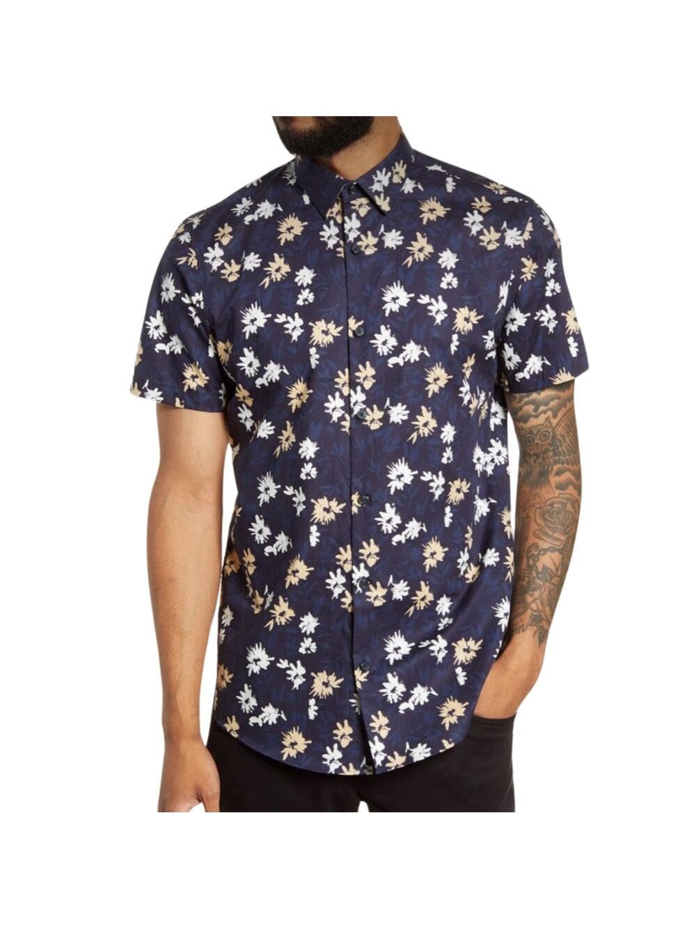 Calibrate Non-Iron Floral Print Short Sleeve Button-Up Shirt Size S
